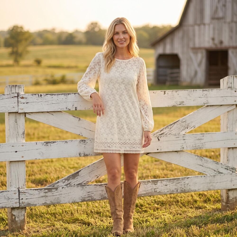 Laundry by Shelli Segal Floral Lace Long Sleeve Mini Shift Dress Cream 6